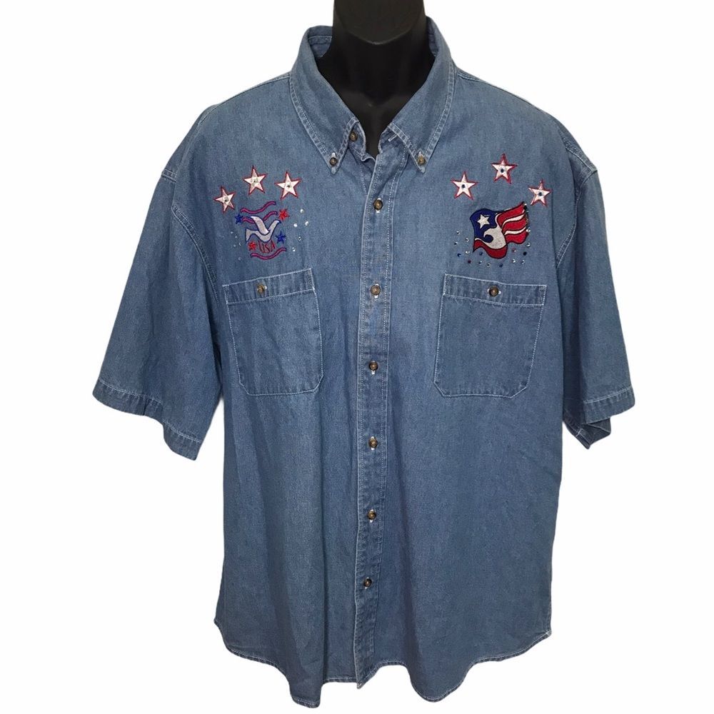 Great Northwest Patriotic 4th of JULY Rhinestone Blue Denim Shirt Sz XXL